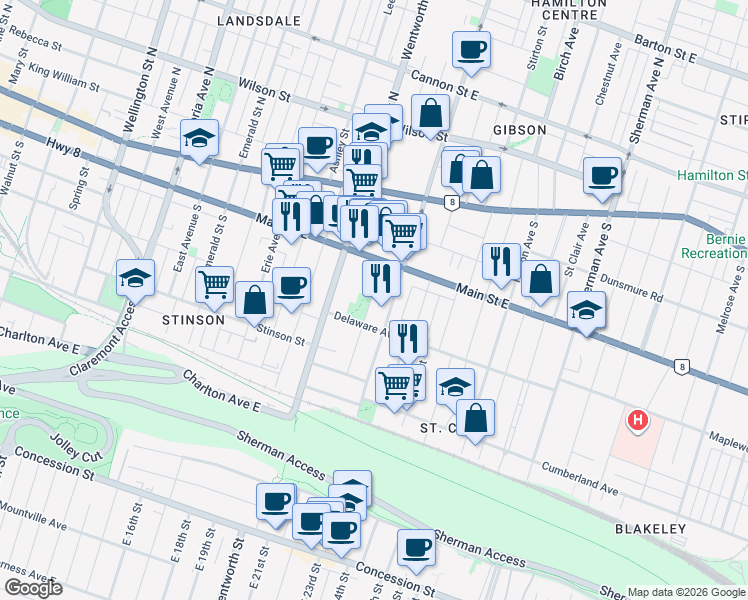 map of restaurants, bars, coffee shops, grocery stores, and more near 39 Myrtle Avenue in Hamilton