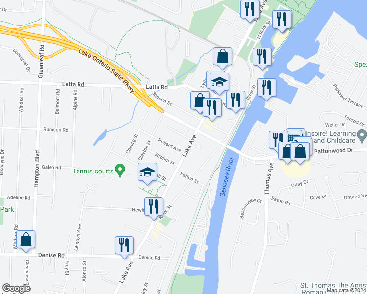 map of restaurants, bars, coffee shops, grocery stores, and more near 4271 Lake Avenue in Rochester