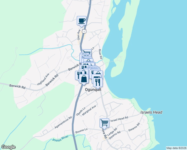 map of restaurants, bars, coffee shops, grocery stores, and more near 38 Shore Road in Ogunquit