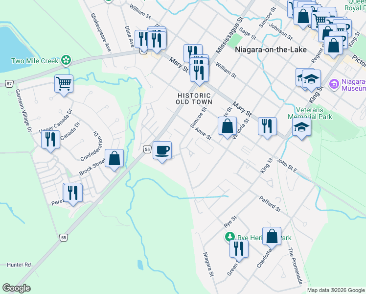 map of restaurants, bars, coffee shops, grocery stores, and more near 608 Simcoe Street in Niagara-on-the-Lake
