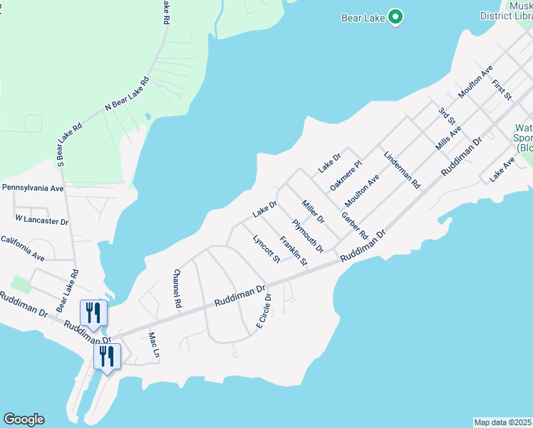 map of restaurants, bars, coffee shops, grocery stores, and more near 730 Franklin Street in North Muskegon