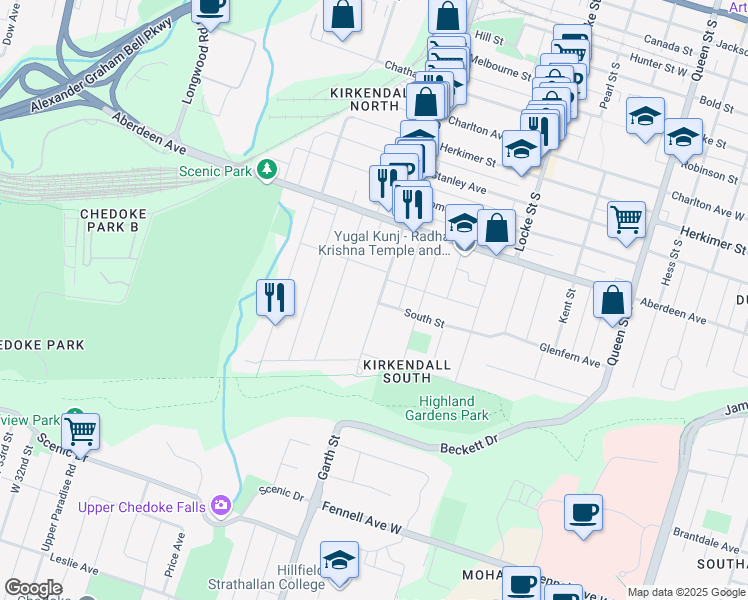 map of restaurants, bars, coffee shops, grocery stores, and more near 470 Dundurn Street South in Hamilton