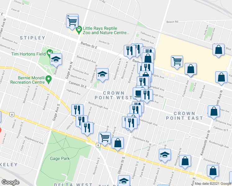 map of restaurants, bars, coffee shops, grocery stores, and more near 171 Rosslyn Avenue North in Hamilton