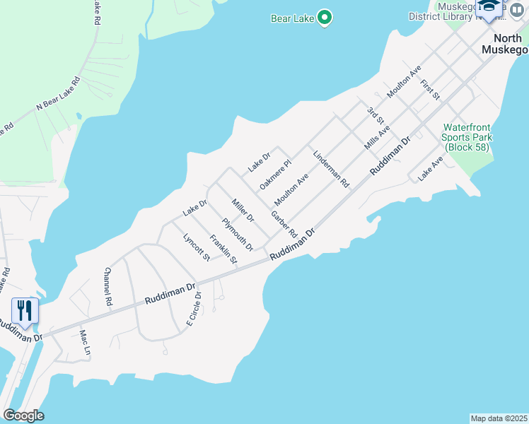 map of restaurants, bars, coffee shops, grocery stores, and more near 615 Garber Road in North Muskegon