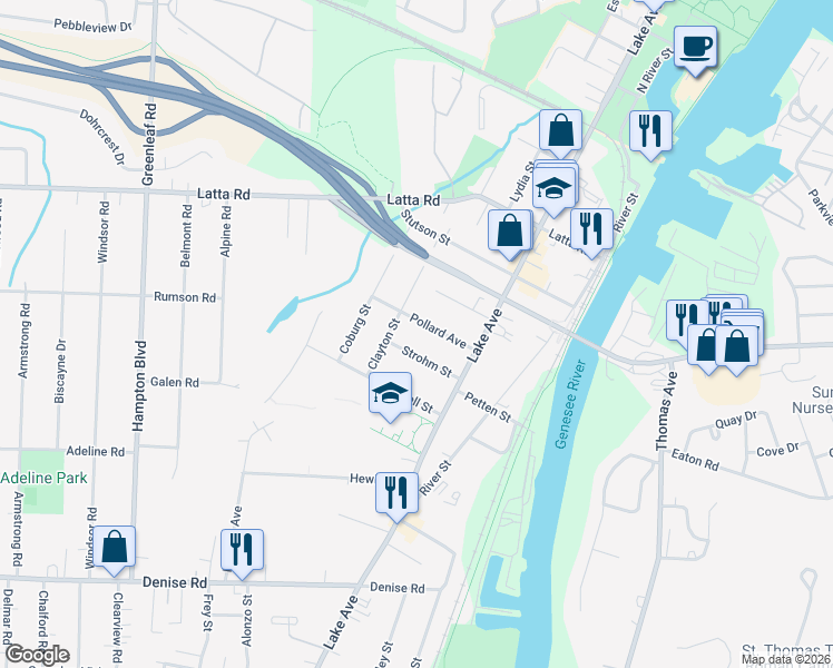 map of restaurants, bars, coffee shops, grocery stores, and more near 46 Strohm Street in Rochester