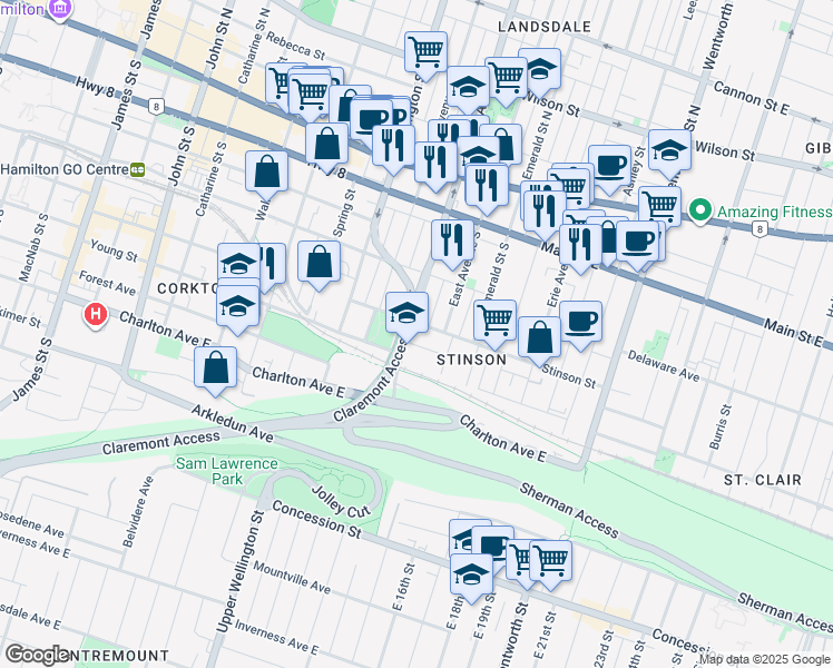 map of restaurants, bars, coffee shops, grocery stores, and more near 8 Webber Avenue in Hamilton