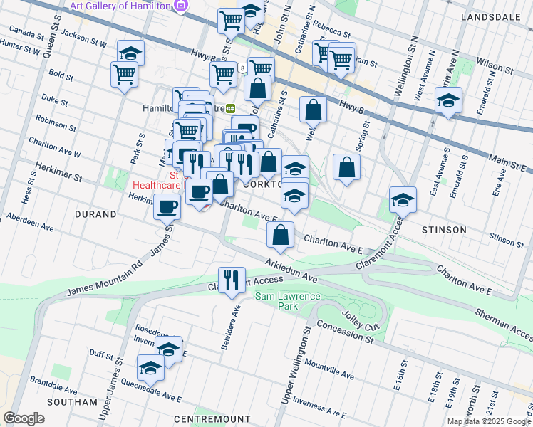 map of restaurants, bars, coffee shops, grocery stores, and more near in Hamilton