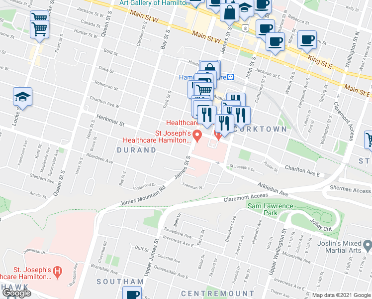 map of restaurants, bars, coffee shops, grocery stores, and more near 1 Markland Street in Hamilton