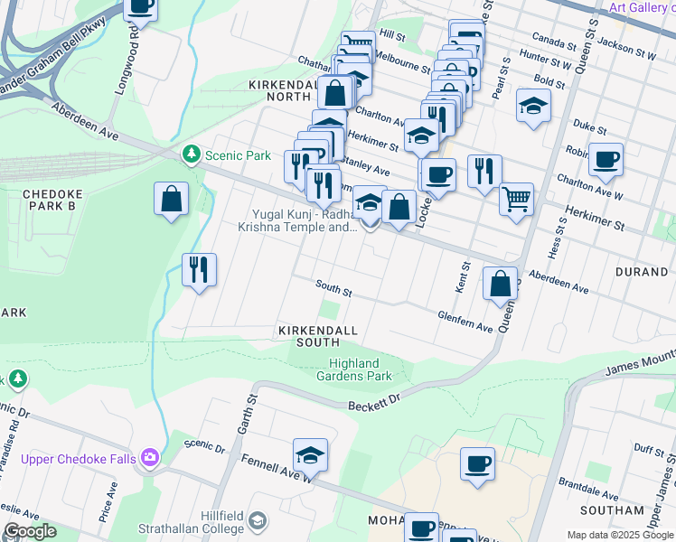 map of restaurants, bars, coffee shops, grocery stores, and more near in Hamilton