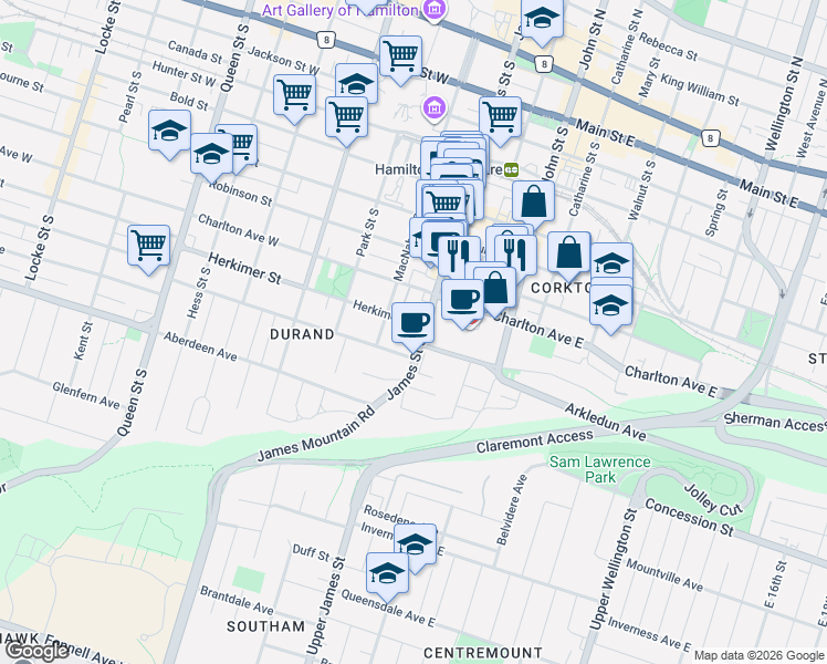 map of restaurants, bars, coffee shops, grocery stores, and more near 252 James Street South in Hamilton