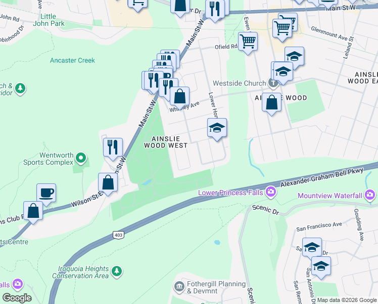 map of restaurants, bars, coffee shops, grocery stores, and more near 64 Blackwood Crescent in Hamilton