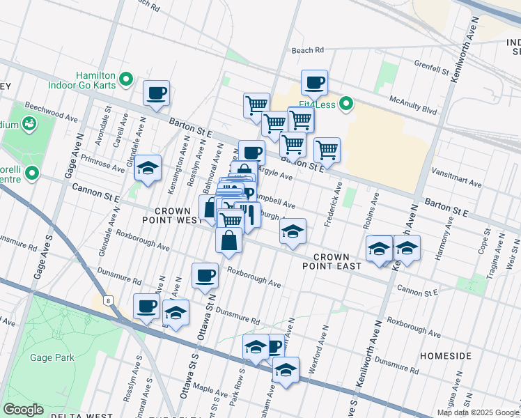 map of restaurants, bars, coffee shops, grocery stores, and more near 29 Edinburgh Avenue in Hamilton