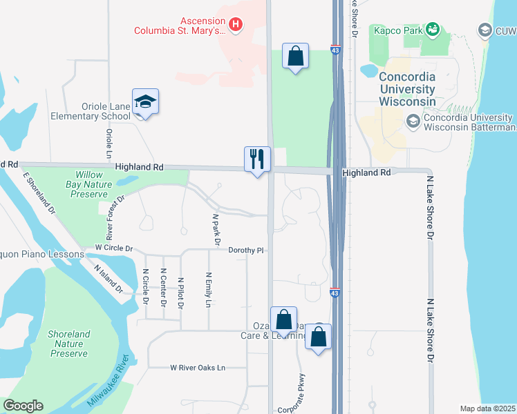 map of restaurants, bars, coffee shops, grocery stores, and more near 1310 River Forest Drive in Mequon