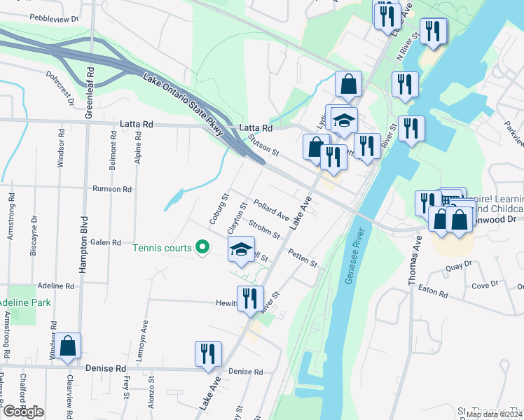 map of restaurants, bars, coffee shops, grocery stores, and more near 65 Pollard Avenue in Rochester