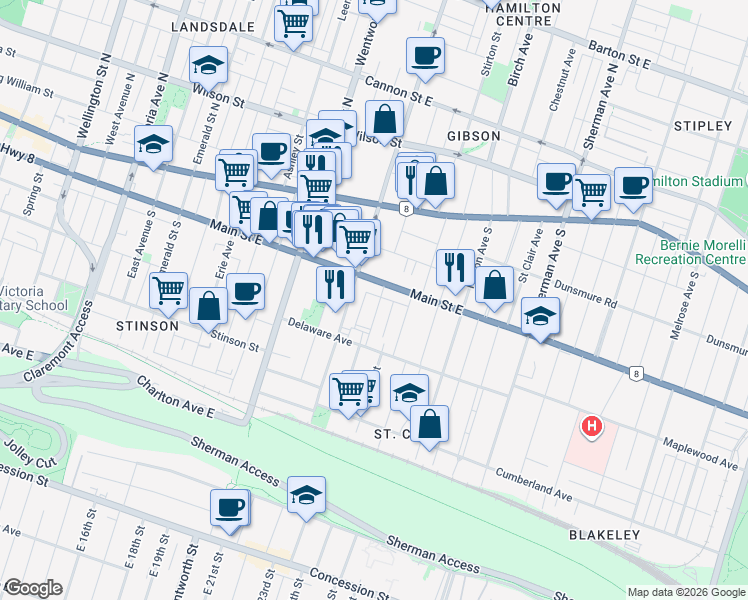 map of restaurants, bars, coffee shops, grocery stores, and more near 18 Gladstone Avenue in Hamilton