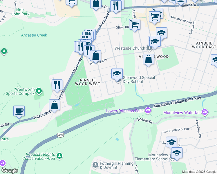 map of restaurants, bars, coffee shops, grocery stores, and more near 15 Carwyn Crescent in Hamilton