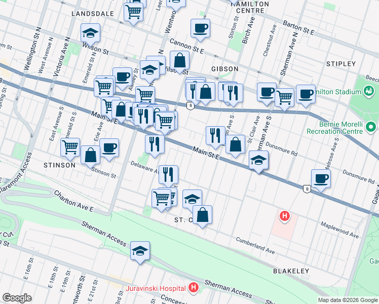 map of restaurants, bars, coffee shops, grocery stores, and more near in Hamilton