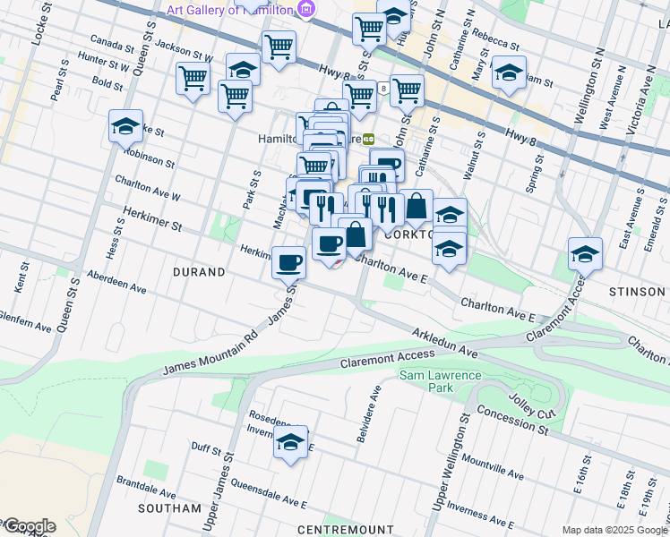 map of restaurants, bars, coffee shops, grocery stores, and more near 50 Charlton Avenue East in Hamilton