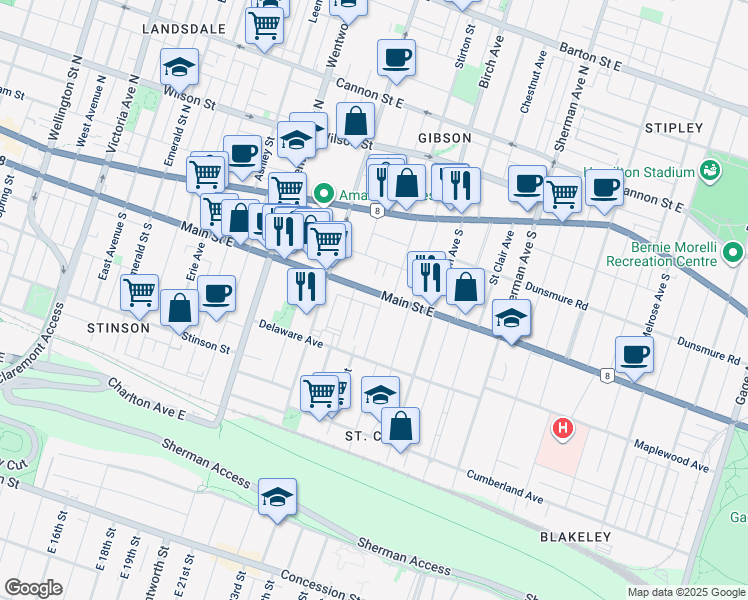 map of restaurants, bars, coffee shops, grocery stores, and more near 630 Main Street East in Hamilton