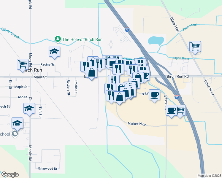 map of restaurants, bars, coffee shops, grocery stores, and more near 11661 South Beyer Road in Birch Run