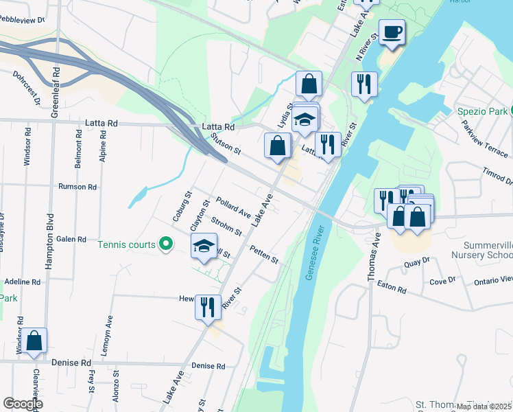 map of restaurants, bars, coffee shops, grocery stores, and more near 4281 Lake Avenue in Rochester