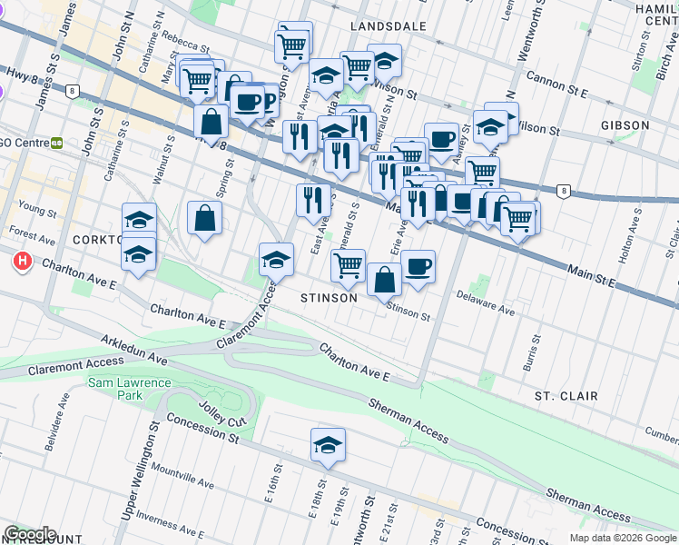 map of restaurants, bars, coffee shops, grocery stores, and more near 137 Emerald Street South in Hamilton