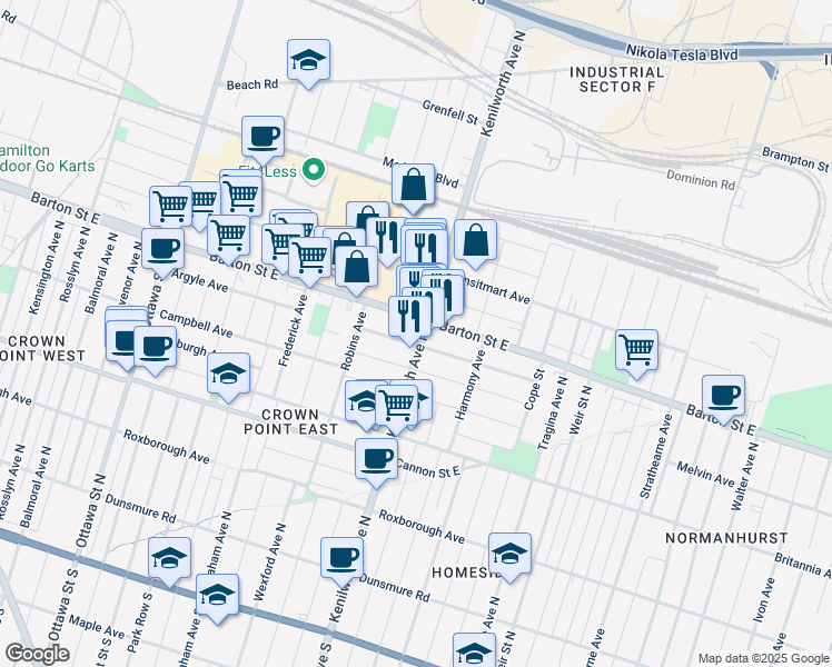 map of restaurants, bars, coffee shops, grocery stores, and more near in Hamilton