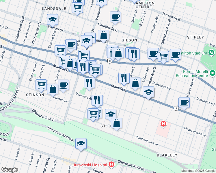 map of restaurants, bars, coffee shops, grocery stores, and more near 630 Main Street East in Hamilton
