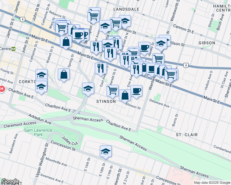 map of restaurants, bars, coffee shops, grocery stores, and more near 90 Tisdale Street South in Hamilton