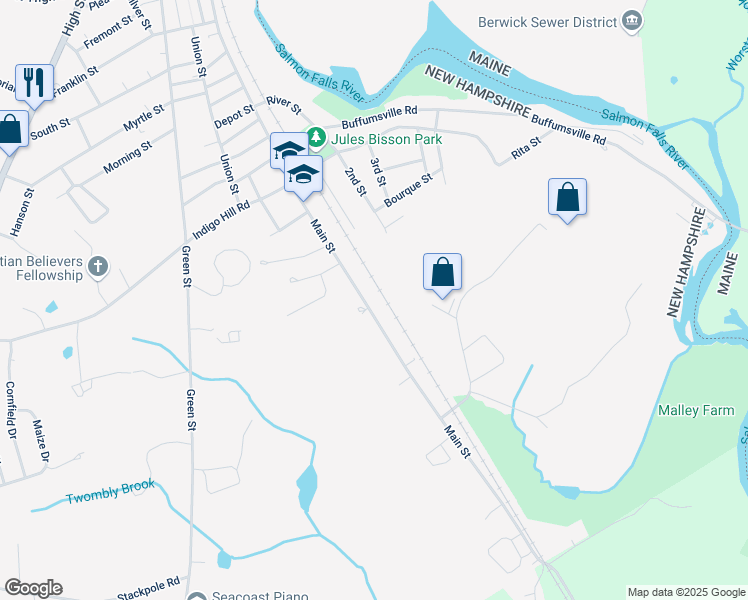 map of restaurants, bars, coffee shops, grocery stores, and more near 350 Main Street in Somersworth