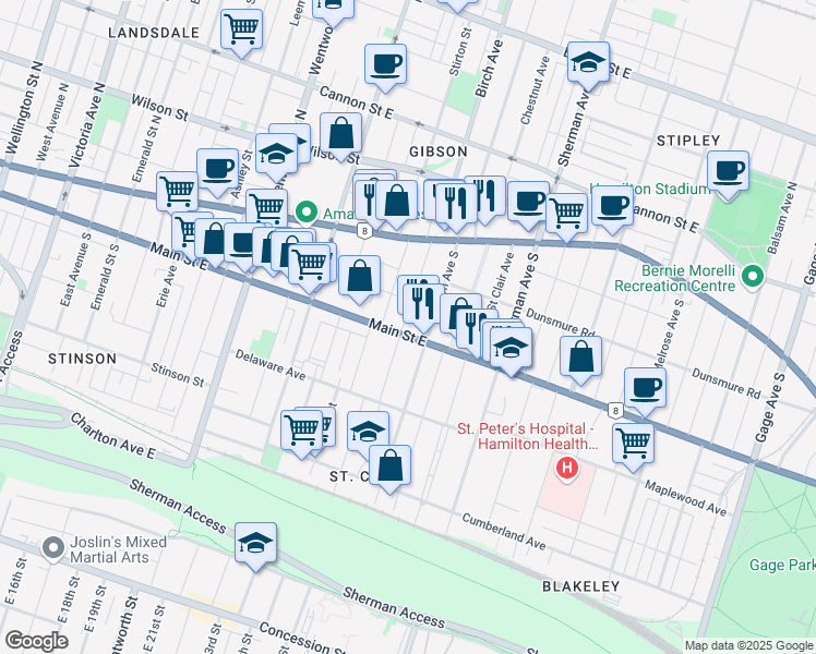 map of restaurants, bars, coffee shops, grocery stores, and more near in Hamilton