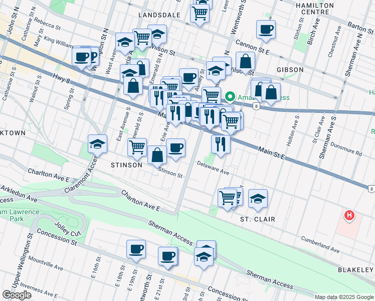 map of restaurants, bars, coffee shops, grocery stores, and more near 91 Grant Avenue in Hamilton