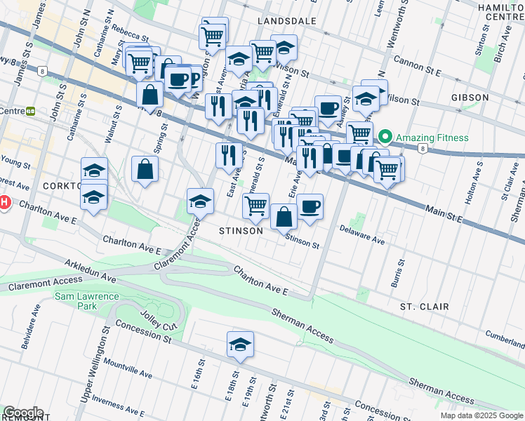 map of restaurants, bars, coffee shops, grocery stores, and more near in Hamilton