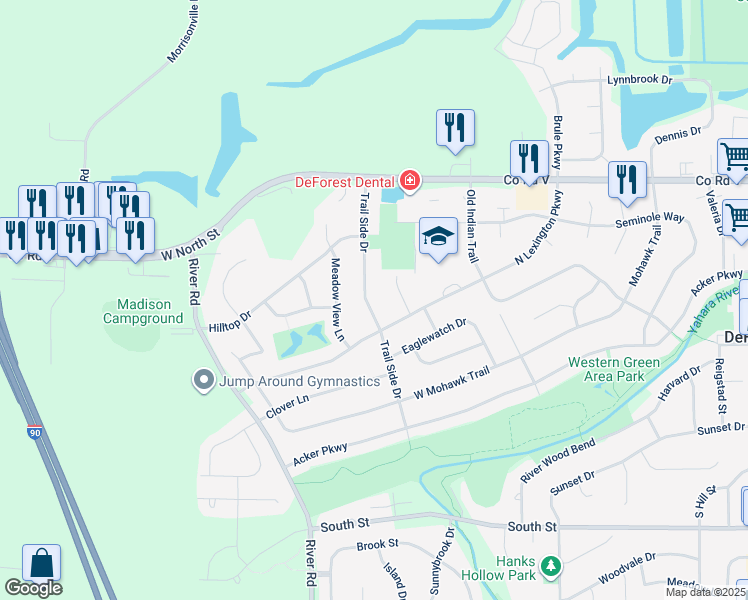 map of restaurants, bars, coffee shops, grocery stores, and more near 418 Meadow Oak Trail in DeForest