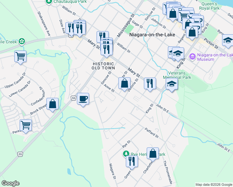 map of restaurants, bars, coffee shops, grocery stores, and more near 535 Gate Street in Niagara-on-the-Lake