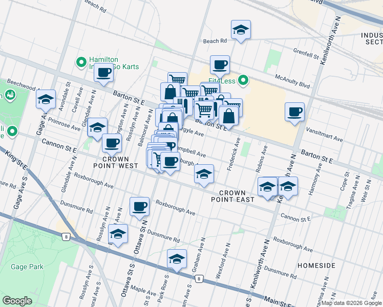 map of restaurants, bars, coffee shops, grocery stores, and more near 3 Edgar Street in Hamilton