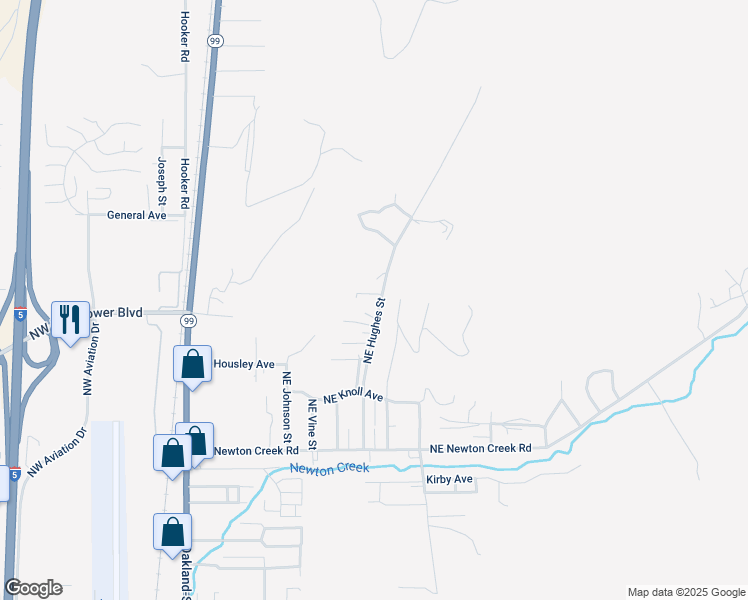 map of restaurants, bars, coffee shops, grocery stores, and more near 3336 Northeast Hughes Street in Roseburg