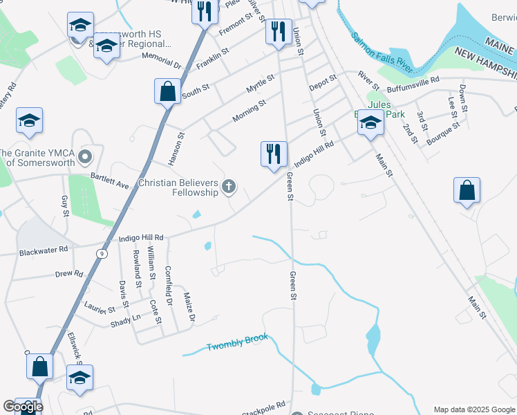 map of restaurants, bars, coffee shops, grocery stores, and more near 55 Indigo Hill Road in Somersworth