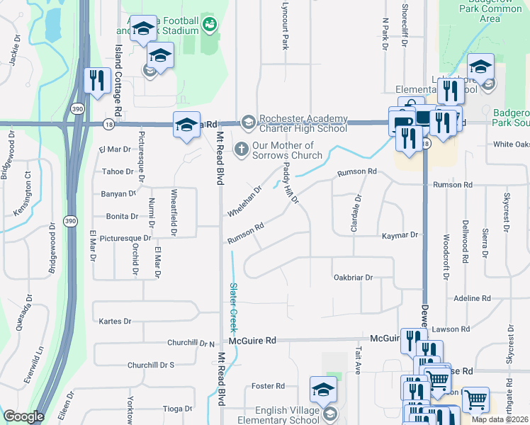map of restaurants, bars, coffee shops, grocery stores, and more near 83 Whelehan Drive in Rochester