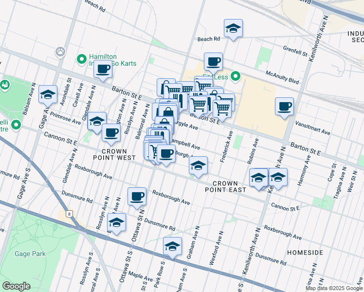 map of restaurants, bars, coffee shops, grocery stores, and more near 3 Edgar Street in Hamilton
