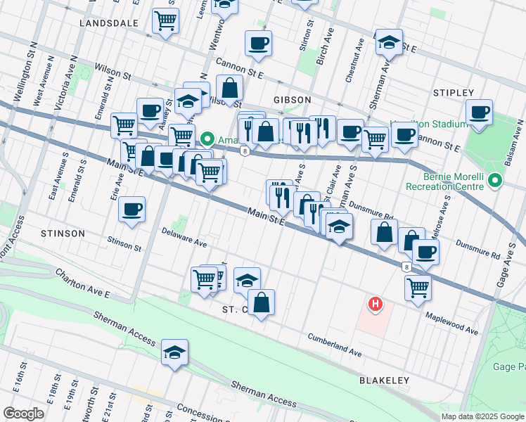 map of restaurants, bars, coffee shops, grocery stores, and more near in Hamilton