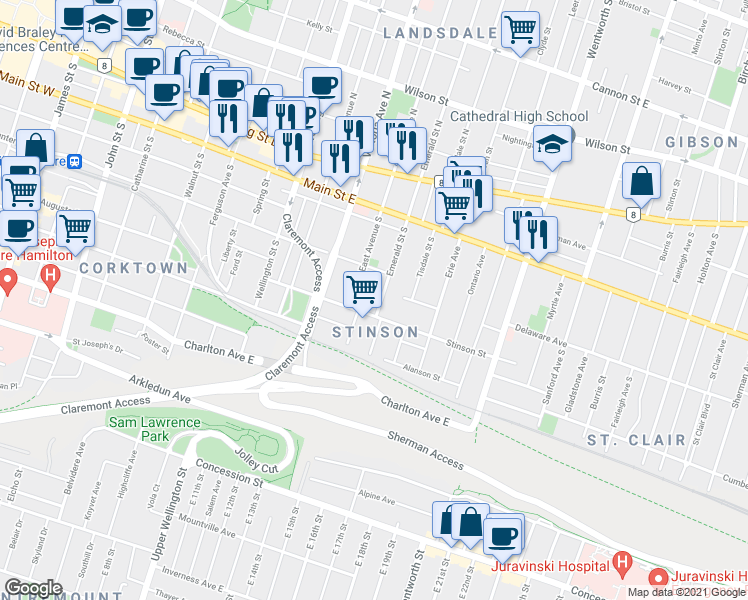 map of restaurants, bars, coffee shops, grocery stores, and more near in Hamilton