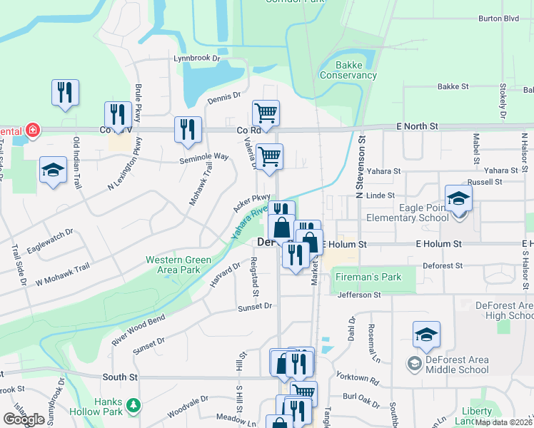 map of restaurants, bars, coffee shops, grocery stores, and more near 103 Acker Parkway in DeForest