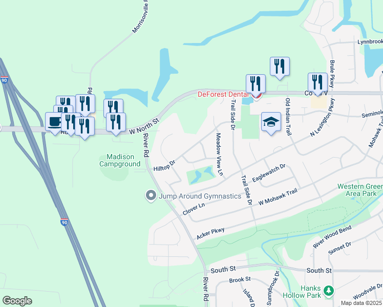 map of restaurants, bars, coffee shops, grocery stores, and more near 4770 Hilltop Drive in DeForest