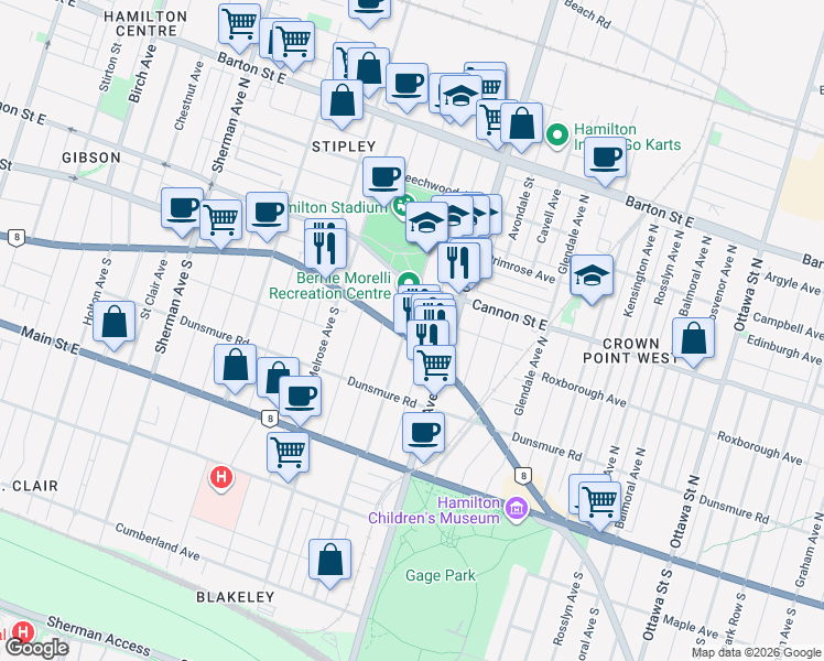 map of restaurants, bars, coffee shops, grocery stores, and more near 1119 King Street East in Hamilton