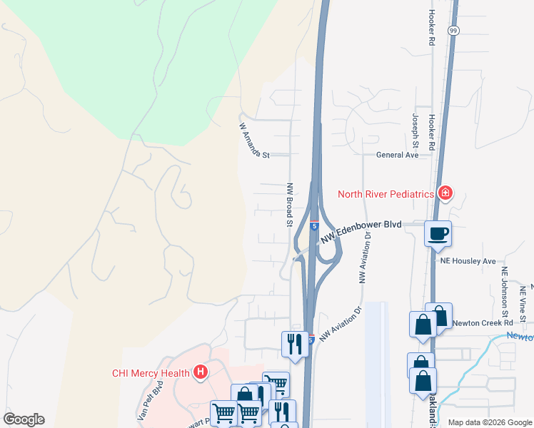 map of restaurants, bars, coffee shops, grocery stores, and more near 170 Mercy Hills Drive in Roseburg