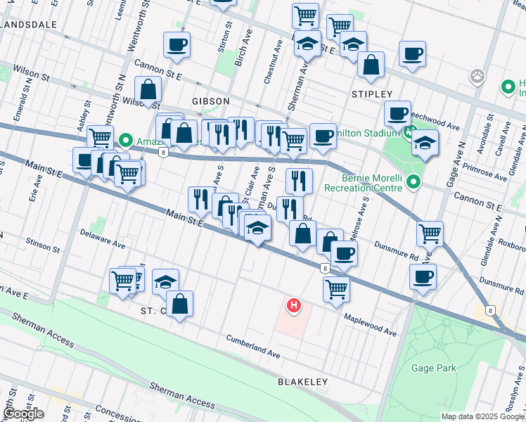 map of restaurants, bars, coffee shops, grocery stores, and more near 73 Sherman Avenue South in Hamilton
