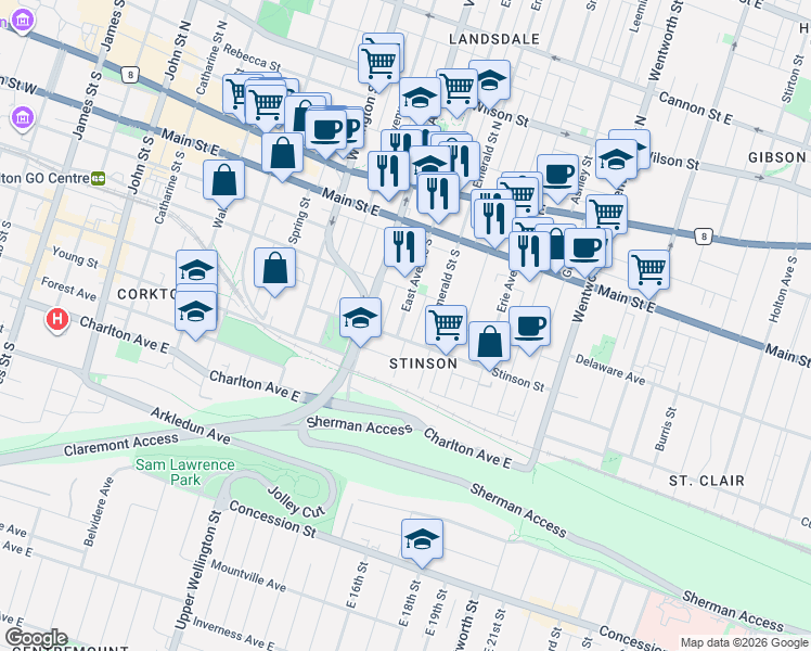map of restaurants, bars, coffee shops, grocery stores, and more near in Hamilton