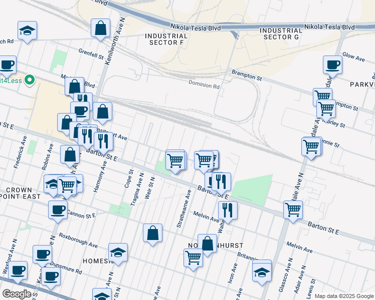 map of restaurants, bars, coffee shops, grocery stores, and more near 411 Paling Avenue in Hamilton