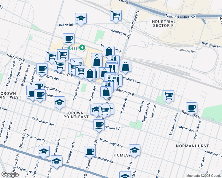 map of restaurants, bars, coffee shops, grocery stores, and more near in Hamilton